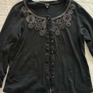 Rafaella Black Button-Front Cardigan with Beaded Floral Embellished Neckline